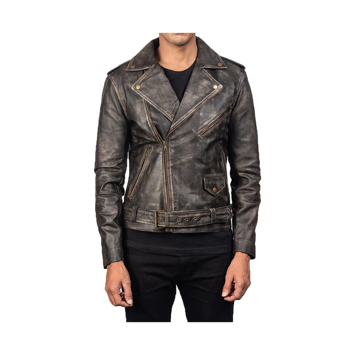 Men's Asymmetrical Belted Original Leather Jacket