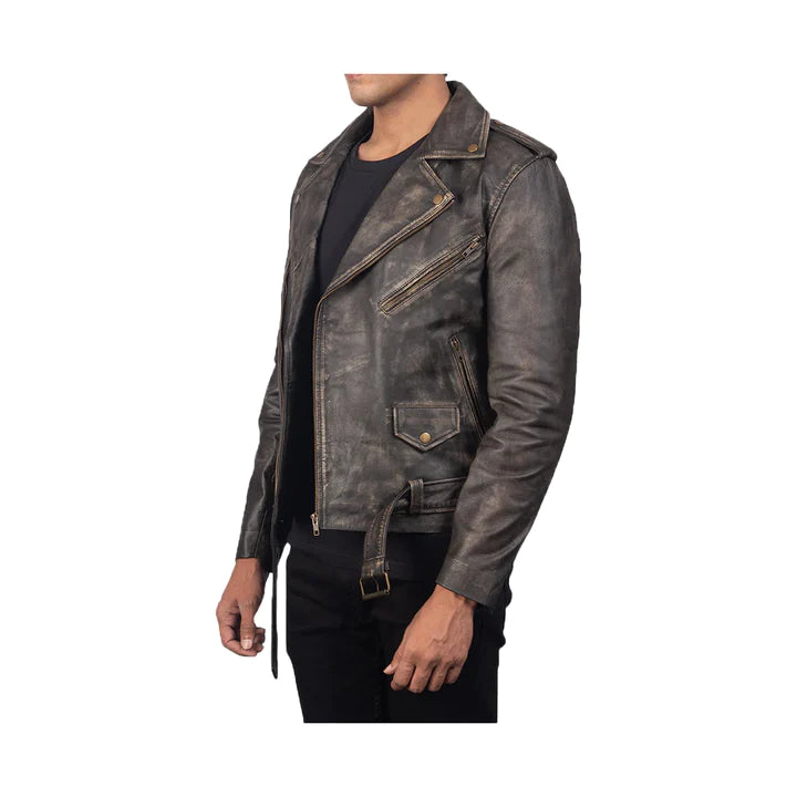 Men's Asymmetrical Belted Original Leather Jacket