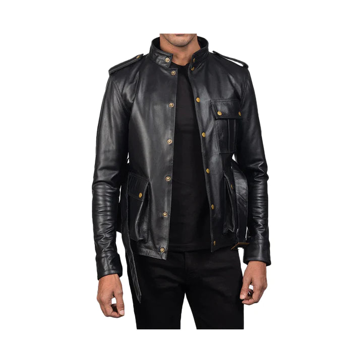 Men's Belted Snap Button Original Leather Jacket