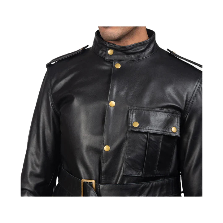 Men's Belted Snap Button Original Leather Jacket