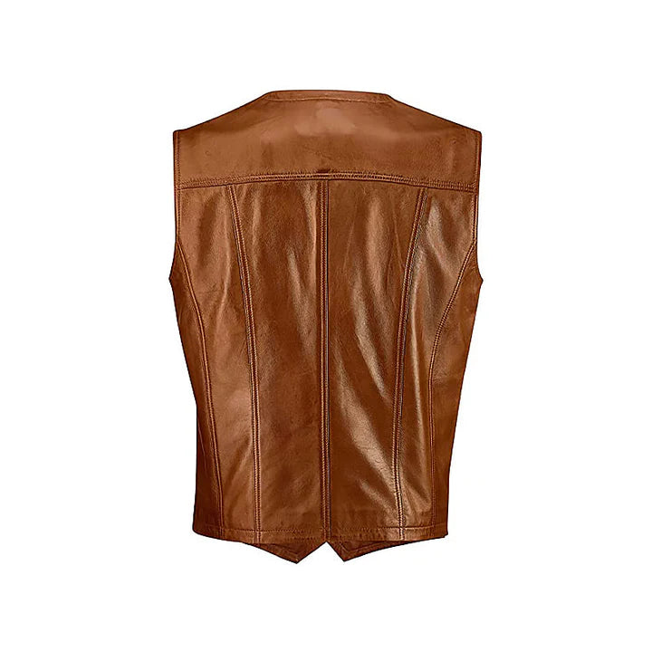 Men's Brown Button Closure Collarless Motorcycle Vest