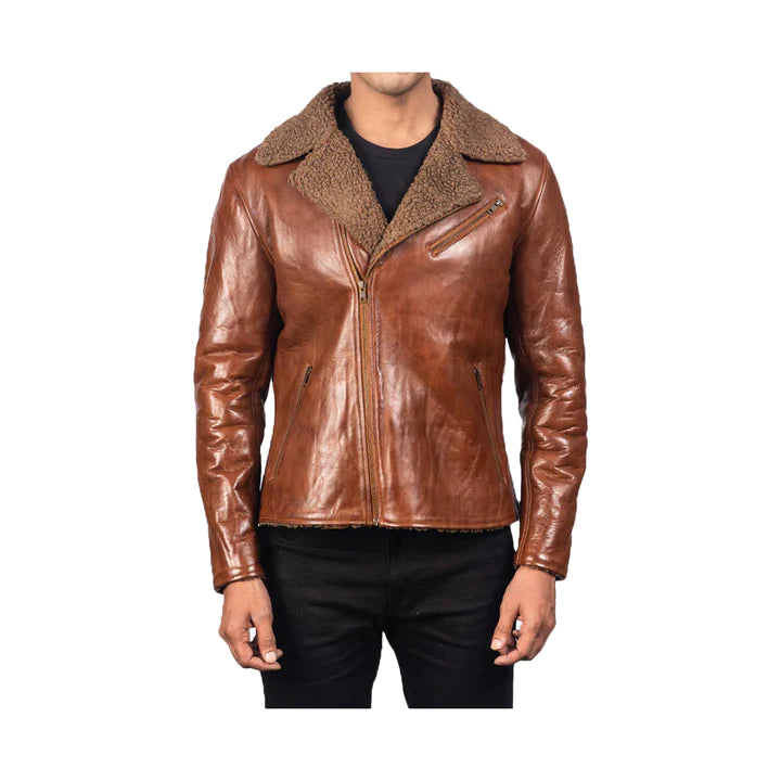 Men's Asymmetrical Fur Collar Original Leather Jacket