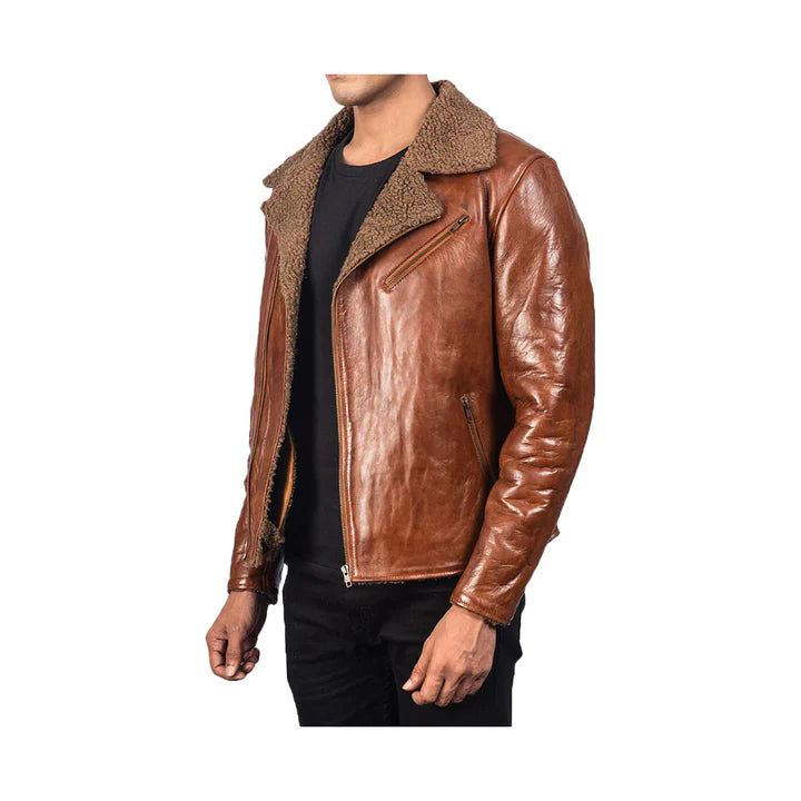 Men's Asymmetrical Fur Collar Original Leather Jacket