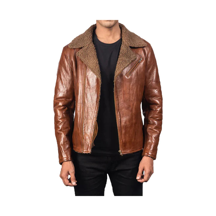 Men's Asymmetrical Fur Collar Original Leather Jacket