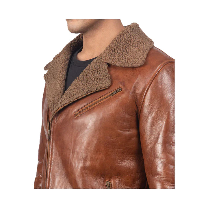 Men's Asymmetrical Fur Collar Original Leather Jacket