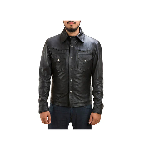 Men's Front Buttoned Shirt Collar Genuine Leather Jacket