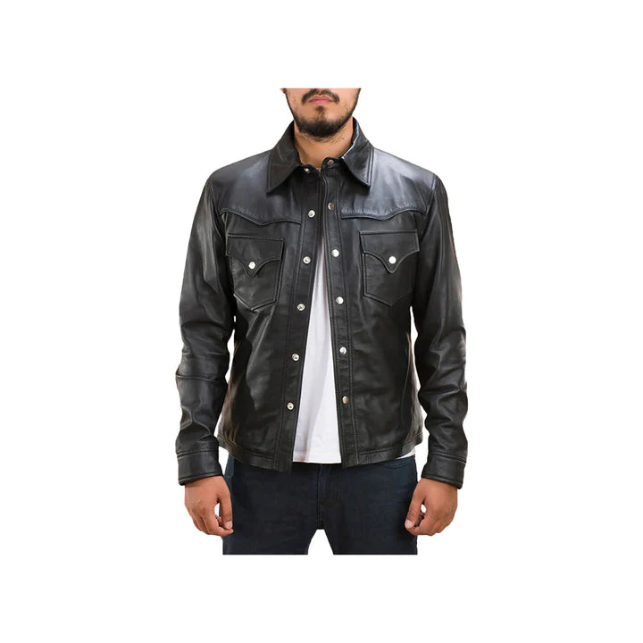 Men's Front Buttoned Shirt Collar Genuine Leather Jacket