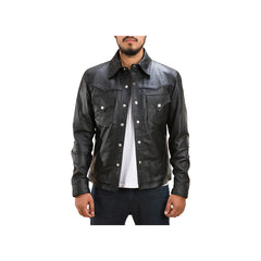 Men's Front Buttoned Shirt Collar Genuine Leather Jacket