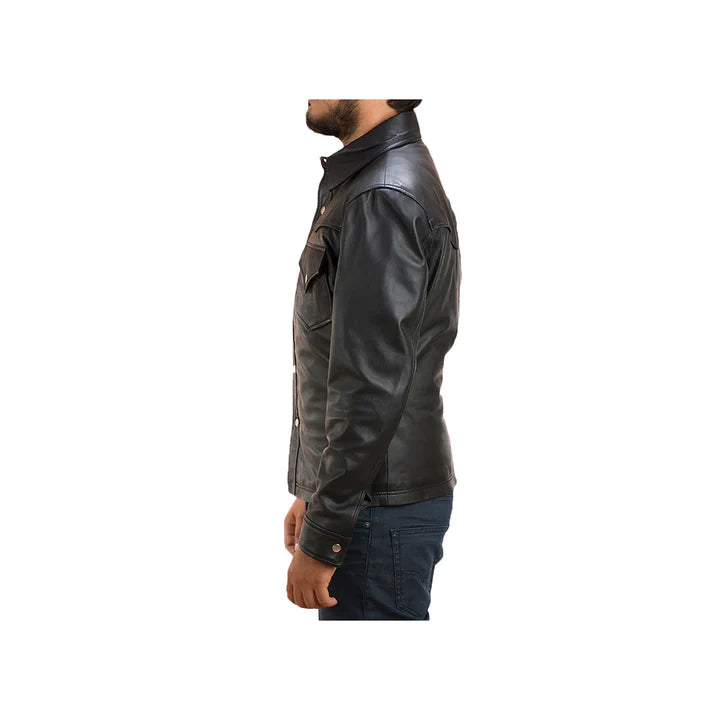 Men's Front Buttoned Shirt Collar Genuine Leather Jacket