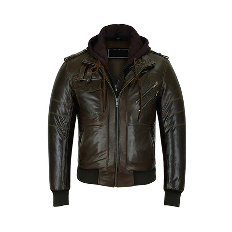 Men's Brown Classic Style Removeable Hood Motorcycle Jacket