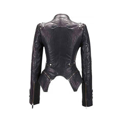 Women's Black Zipper Closure Dual Lap Collar Genuine Leather Jacket