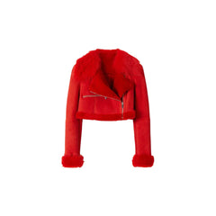 Women's Red Shearling Suede Leather Cropped Jacket