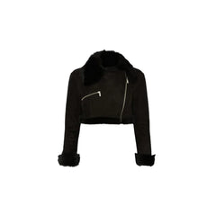 Women's Black Shearling Suede Leather Cropped Jacket