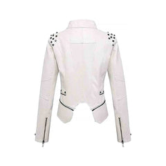 Women's White Zipper Closure Dual Lap Collar Genuine Leather Jacket