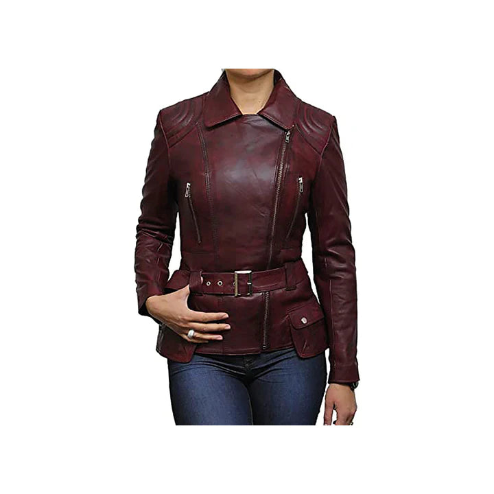 Women's Burgundy Belted Front Zip Designer Moto Jacket