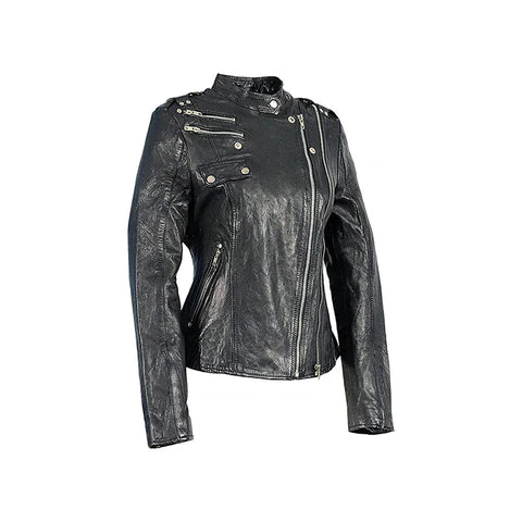 Women's Ribbed Shoulder Front Zipper Original Moto Jacket