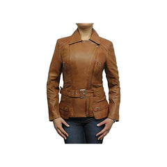 Women's Brown Belted Front Zip Designer Moto Jacket