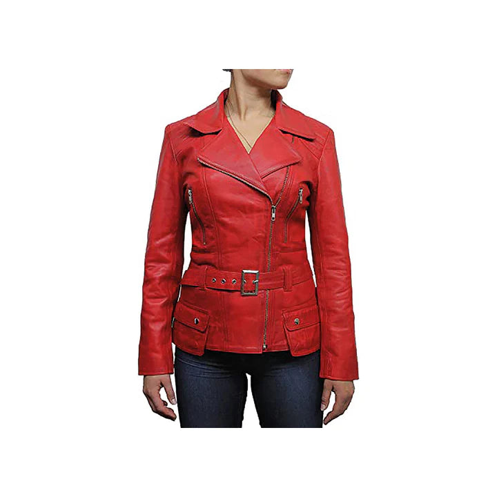 Women's Red Belted Front Zip Designer Moto Jacket
