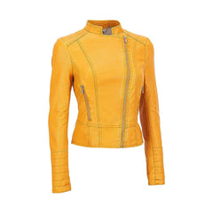 Women's Yellow Biker Real Lambskin Leather Jacket