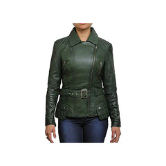 Women's Green Belted Front Zip Designer Moto Jacket