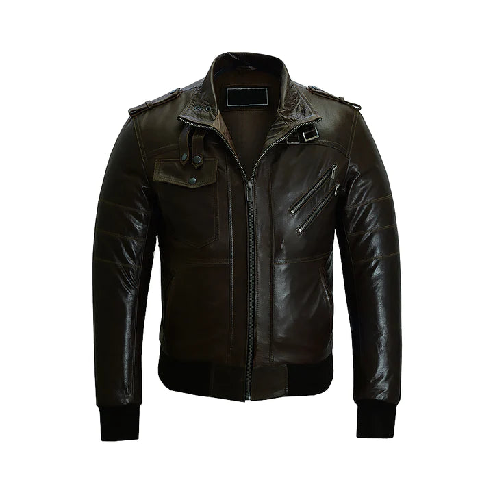 Men's Brown Classic Style Removeable Hood Motorcycle Jacket