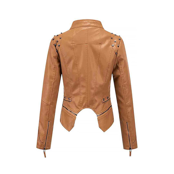 Women's Camel Zipper Closure Dual Lap Collar Genuine Leather Jacket