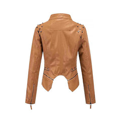 Women's Camel Zipper Closure Dual Lap Collar Genuine Leather Jacket