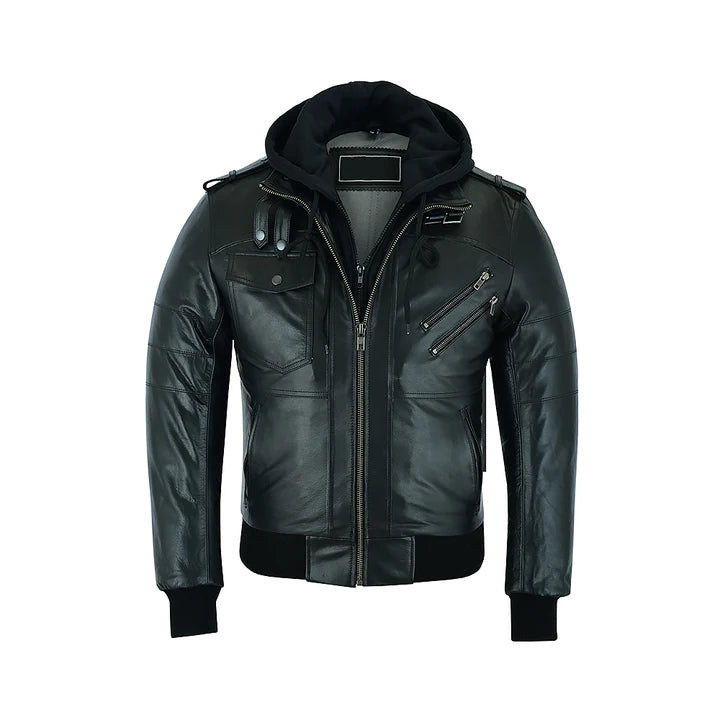 Men's Black Classic Style Removeable Hood Motorcycle Jacket