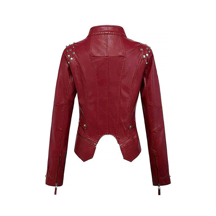 Women's Burgundy Zipper Closure Dual Lap Collar Genuine Leather Jacket