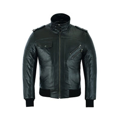 Men's Black Classic Style Removeable Hood Motorcycle Jacket