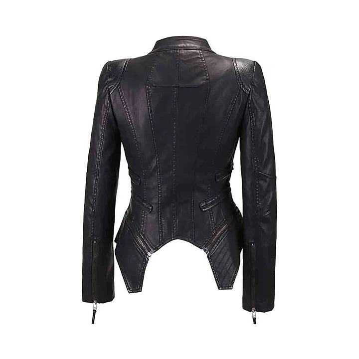 Women's Black Zipper Closure Dual Lap Collar Genuine Leather Jacket
