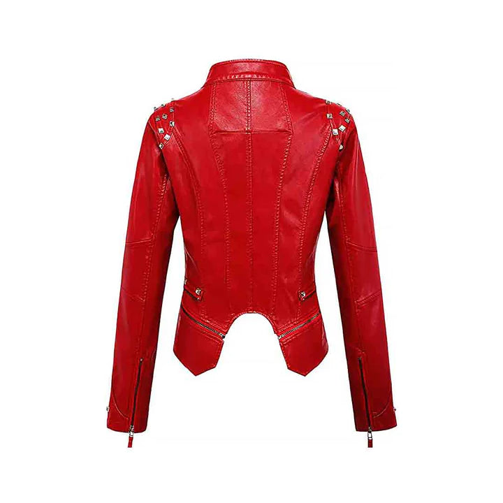 Women's Red Zipper Closure Dual Lap Collar Genuine Leather Jacket