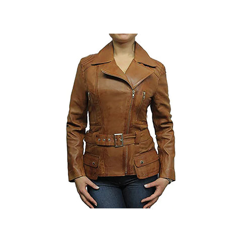 Women's Brown Belted Front Zip Designer Moto Jacket