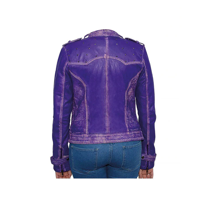 Women's Asymmetrical Metal Studded Rubbed Off Moto Jacket