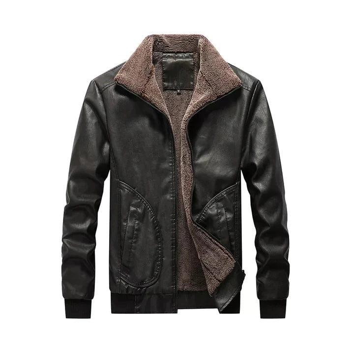 Mens Black Casual Winter Motorcycle Windproof Genuine Leather Jacket
