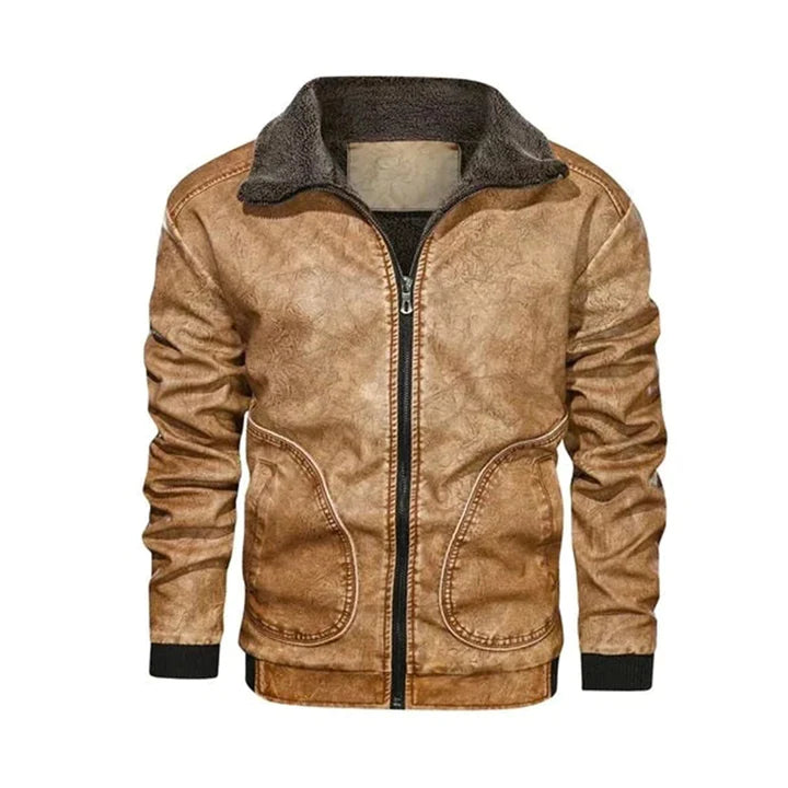 Mens Brown Casual Winter Motorcycle Windproof Genuine Leather Jacket