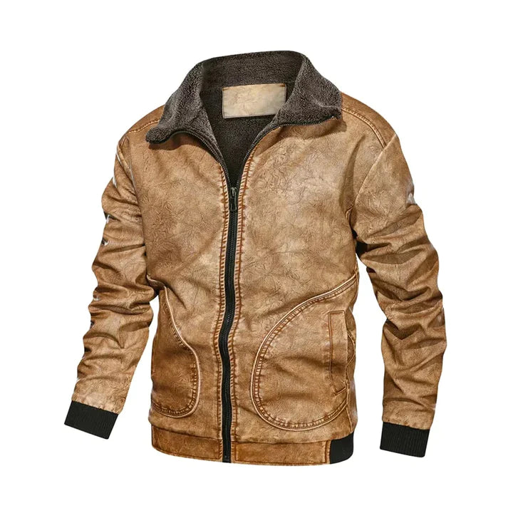 Mens Brown Casual Winter Motorcycle Windproof Genuine Leather Jacket