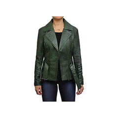 Women's Green Belted Front Zip Designer Moto Jacket