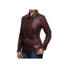 Women's Burgundy Belted Front Zip Designer Moto Jacket