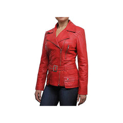 Women's Red Belted Front Zip Designer Moto Jacket