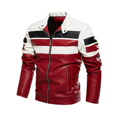 Men's Red Moto Striped Block Leather Jacket