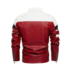 Men's Red Moto Striped Block Leather Jacket