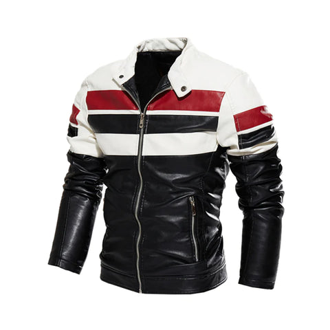 Men's Black Moto Striped Block Leather Jacket