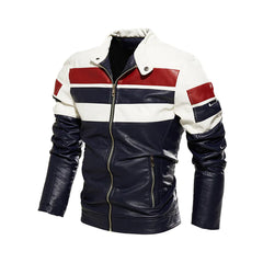 Men's Blue Moto Striped Block Leather Jacket