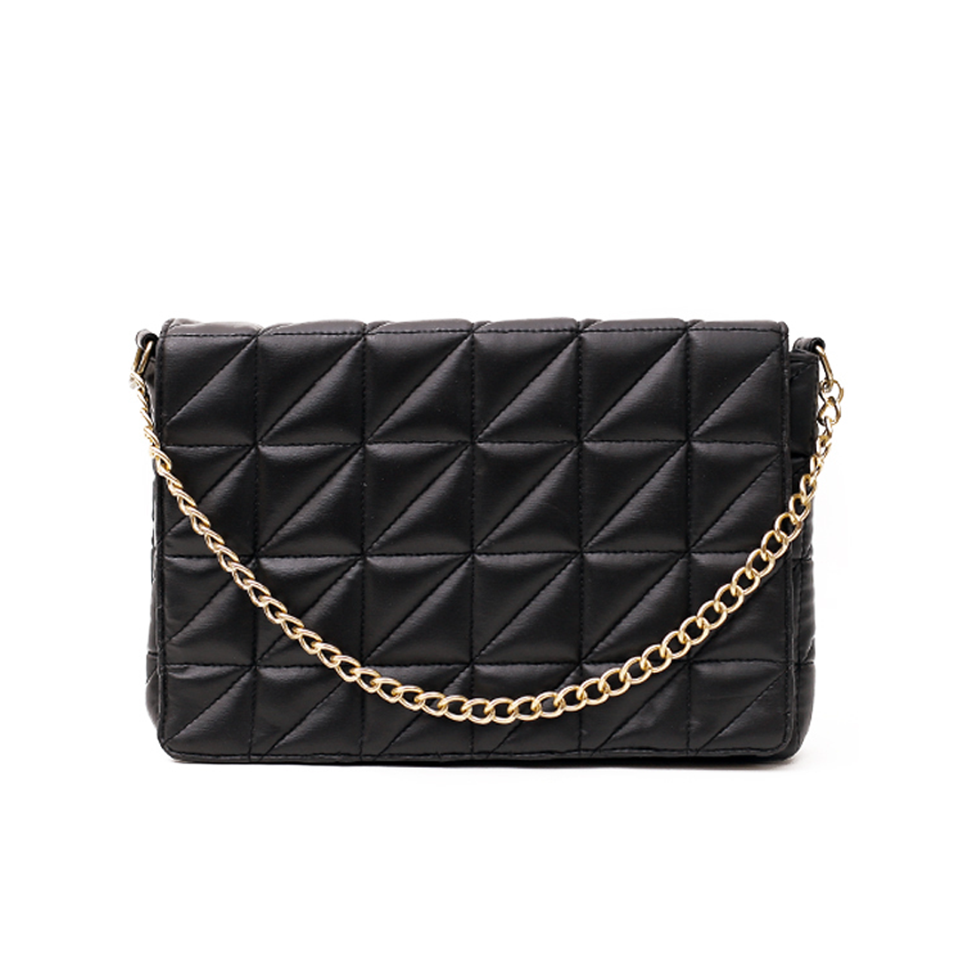 Black Quilted Golden Chain Real Leather Shoulder Bag