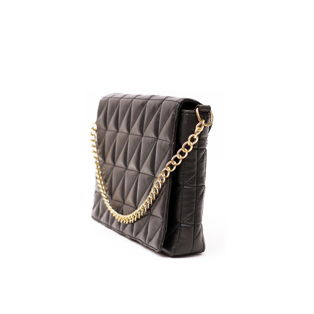Black Quilted Golden Chain Real Leather Shoulder Bag