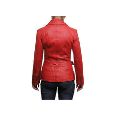 Women's Red Belted Front Zip Designer Moto Jacket