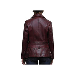 Women's Burgundy Belted Front Zip Designer Moto Jacket