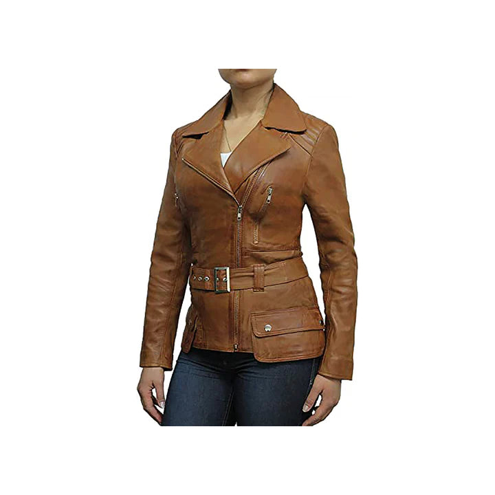 Women's Brown Belted Front Zip Designer Moto Jacket