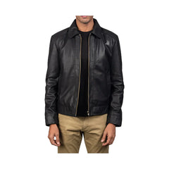 Men's Shirt Collar Full Zip Leather Jacket